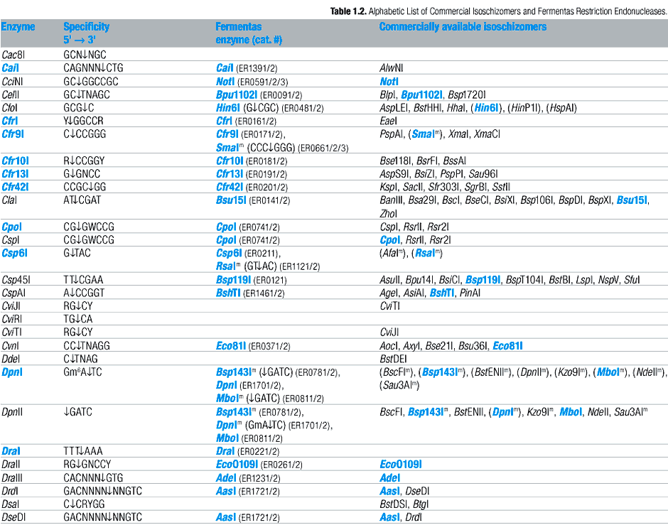 Alphabetic List of Commercial Isoschizomers and Corresponding Fermentas Restriction Endonucleases (C, D)